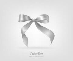 Silver ribbon and bow, perfect for celebrations such as birthdays, anniversaries. The satin ribbon and knot add a touch of luxury for greeting cards, banners, gift boxes, flower bouquets vector