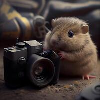 Cute rat and camera on a dark background. Studio shot., Image photo