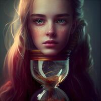 Conceptual image of a beautiful young woman with a broken hourglass., Image photo