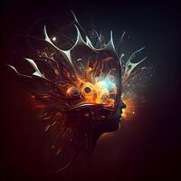 Fractal illustration of a female head with a glowing brain., Image photo