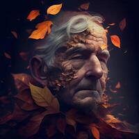 fantasía retrato de un antiguo hombre con otoño hojas alrededor a él., ai generativo imagen foto