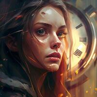 Fantasy portrait of a girl with a clock face. 3d rendering., Image photo