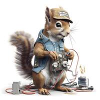 Funny squirrel in a cap and overalls with an electrician's tools. Isolated on white background., Image photo