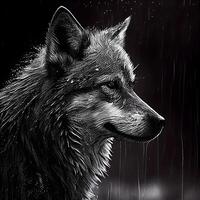 Illustration of a wolf in the rain. Black and white., Image photo