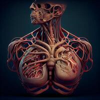 humano corazón anatomía en un oscuro antecedentes. 3d hacer imagen., ai generativo imagen foto