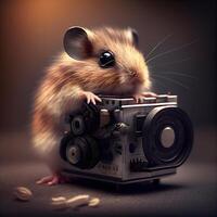 Cute hamster with old camera on a dark background. Retro style., Image photo