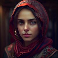 Portrait of a beautiful young woman in a red shawl, Image photo