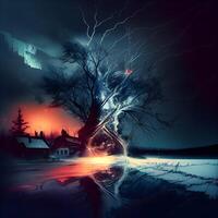 Night landscape with a big tree in the foreground and a large tornado., Image photo