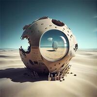 Space ship in the desert. 3D render. Conceptual image., Image photo