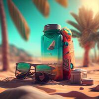 Suntan lotion bottle and sunglasses on sandy beach with palm trees., Image photo