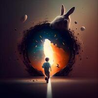 Little boy and rabbit coming out of a hole in the wall., Image photo