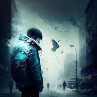 Young man in raincoat looking at city street with flying bird., Image photo