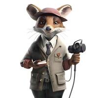 Funny fox in a jacket and a cap with a camera., Image photo