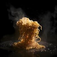 Instant noodles on a black background with smoke, close up., Image photo