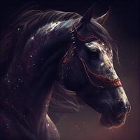 Beautiful black horse portrait on a dark background. Fantasy art., Image photo