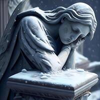 Statue of an angel in the cemetery under the snowfall., Image photo