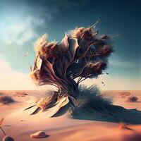 3d ilustración de un resumen árbol en el Desierto a atardecer., ai generativo imagen foto