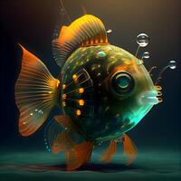 illustration of a goldfish on a dark background with bubbles., Image photo