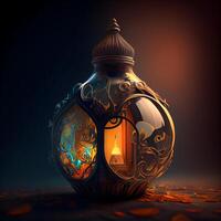 Ramadan Kareem greeting card. 3D illustration of a Ramadan Kareem lantern with a burning candle inside., Image photo