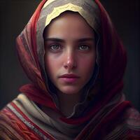 Portrait of a beautiful muslim woman with red shawl, Image photo