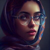 Portrait of a beautiful girl in a headscarf and glasses., Image photo