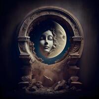 Fantasy scene with a moon and the face of a woman., Image photo