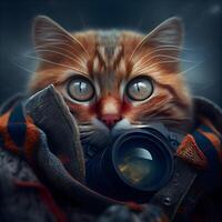 Photographer cat with a camera on his shoulder. Animal portrait., Image photo