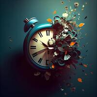 Digital composite of 3D Alarm clock exploding against blue background with vignette, Image photo