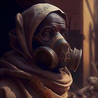 Portrait of a man in a gas mask. Conceptual image., Image photo
