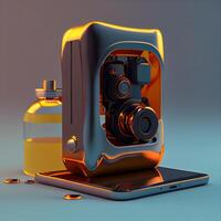 3d rendering of a vintage camera in front of a smartphone., Image photo