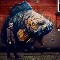 un hombre admira un pescado en Berlina. Berlina es el capital de Alemania., ai generativo imagen foto