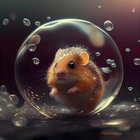 Hamster in a glass ball on a dark background with bubbles., Image photo