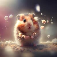 Hamster with bubbles on a dark background. The concept of the new year., Image photo