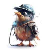 Cute cartoon penguin in a helmet with an electric cable., Image photo