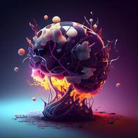 3D Illustration of a Brain with Fire and Spheres., Image photo