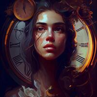 Beautiful young woman in a steampunk style. Portrait of a girl with clocks., Image photo