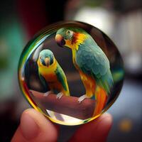 Colorful parrots in a glass sphere. Selective focus., Image photo