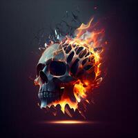 Skull in fire flames on a dark background. illustration., Image photo