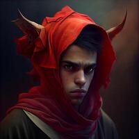 Portrait of a young man in a red cloak with horns., Image photo