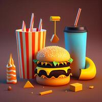 Fast food illustration. Hamburger, cola and cake., Image photo