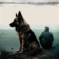 Man with a dog on the seashore. Watercolor painting., Image photo