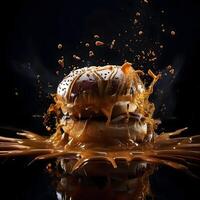 chapoteo de caramelo en un negro antecedentes. chapoteo de caramelo., ai generativo imagen foto