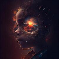 Double exposure portrait of a futuristic female face with fire and stars., Image photo