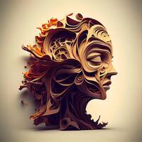 3d illustration of an abstract human head made of metal and wood., Image photo