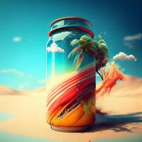 Tropical island in a jar on the beach. Collage., Image photo