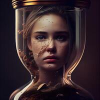 retrato de un hermosa joven mujer en un reloj de arena. belleza, moda., ai generativo imagen foto