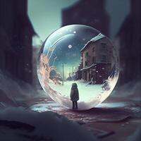 Little girl in the snow in a crystal ball. Winter landscape., Image photo