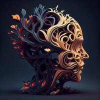 3d illustration of a human head made of wood and metal., Image photo