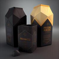 conjunto de negro y dorado embalaje para whisky, coñac o brandy. 3d prestar, ai generativo imagen foto