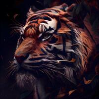 Tiger portrait with autumn leaves on a dark background. Digital painting., Image photo